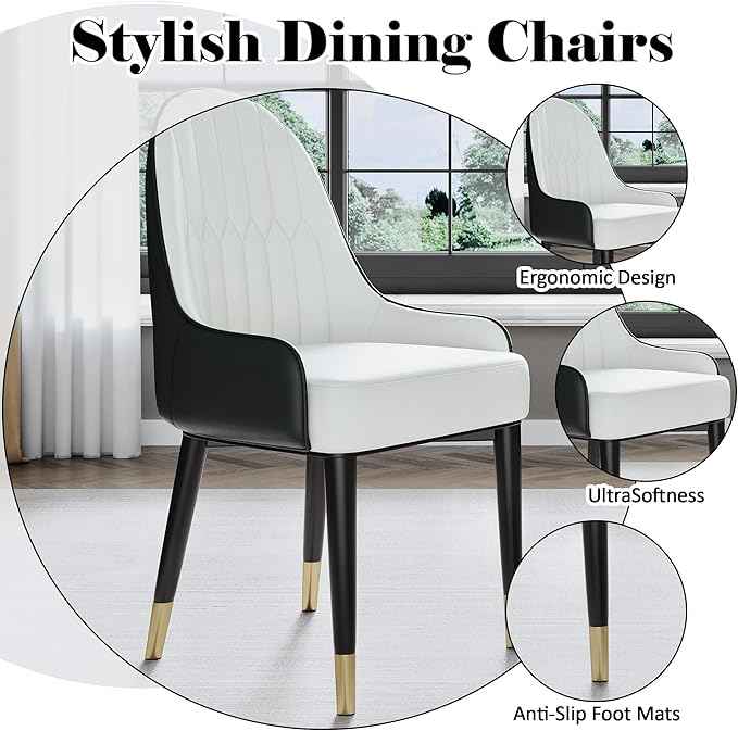 AF ARTISAN FURNITURE Black White Dining Chairs Set of 2 with High Backs Mid Century Modern Kitchen Dining Room Chairs PU Faux Leather Upholstered Large Padded Accent Chair with Legs