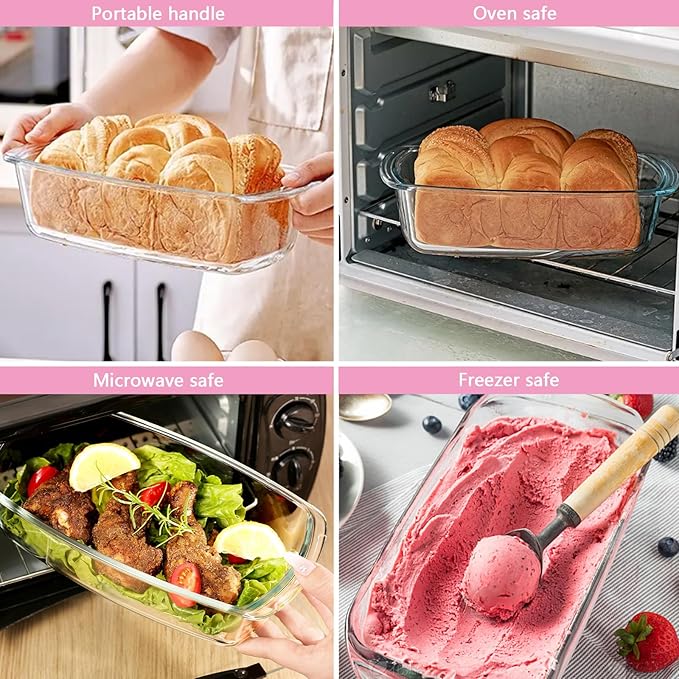4 Piece Glass Loaf Pan Set with Lids - Stackable 1.9 QT/62oz/1800ML Glass Bread Baking Dish Microwave and Oven Safe - Loaf Pans For Baking Bread, Cakes