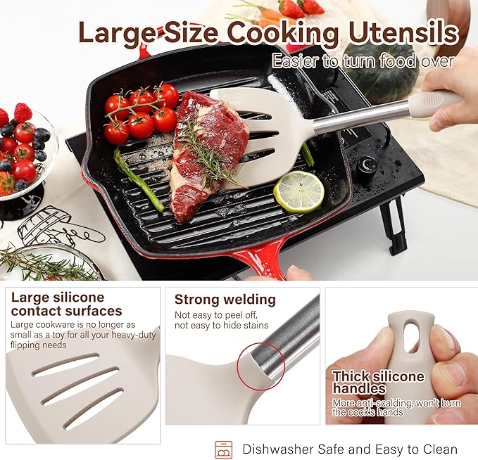 Silicone Cooking Utensils Set, NCUE 35 Pcs Kitchen Utensils Set with Holder, with Stainless Steel Handle Spatula Set, Spoons, Pasta Server, Cheese Grater, Masher, Scissors, Dishwasher Safe (Khaki)