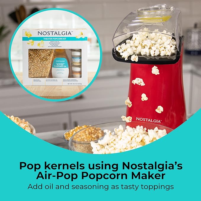 Nostalgia Theater Popcorn Machine Kit - Popcorn Kit With 1 Lb. Kernels & 12.5 Oz Butter Oil for Home Snacks - All-In-One Popcorn Kit with Ranch, White Cheddar & Nacho 3 Oz Seasonings for Easy Popping