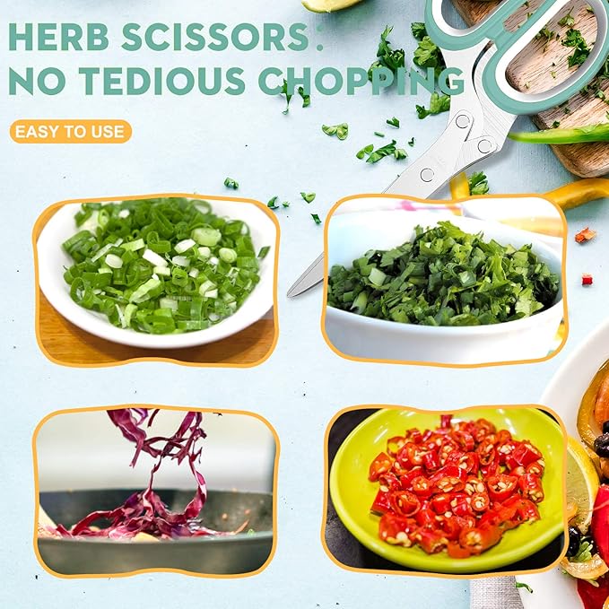 Updated 2025 Herb Scissors Set - Cool Kitchen Gadgets for Cutting Fresh Garden Herbs - Herb Cutter Shears with 5 Blades and Cover, Sharp and Anti-rust Stainless Steel, Dishwasher Safe (Blue-White)