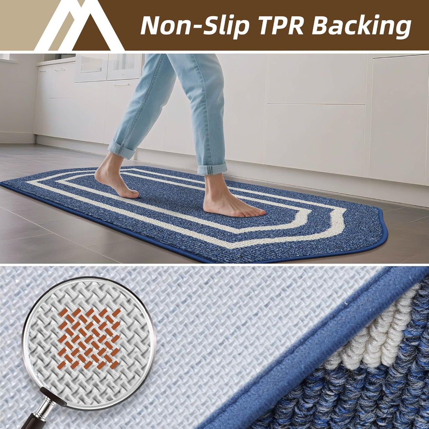 COSY HOMEER Long Kitchen Floor Mats for in Front of Sink Super Absorbent Kitchen Rugs and Mats 24"x48" Non-Skid Kitchen Mat Standing Mat Washable,Polypropylene,Blue,Frame