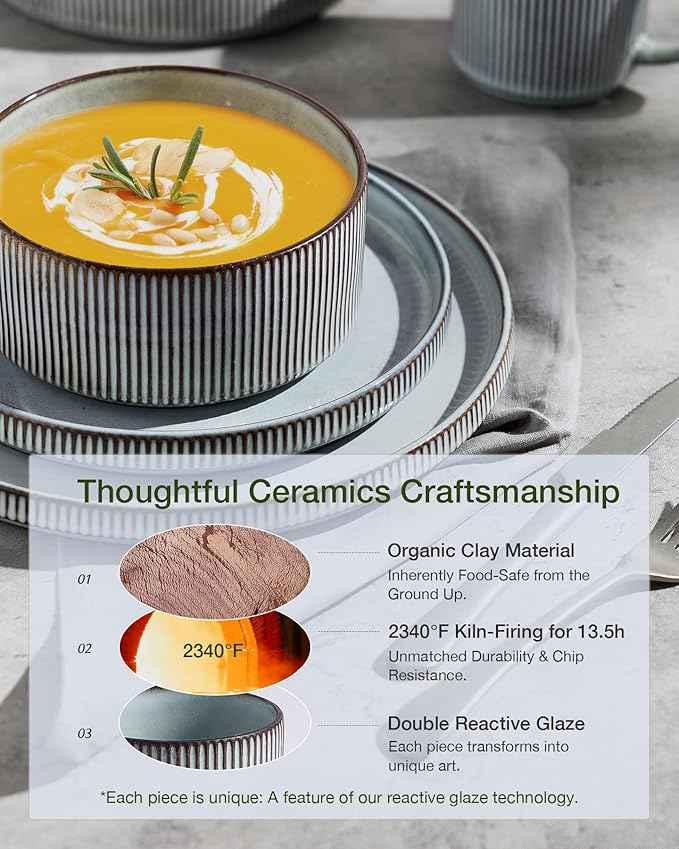 Famiware Star Dinnerware Set with Mugs, Service for 6 (24 Pieces), Ribbed Stoneware Plates and Bowls Dishes Sets - Chip & Scratch Resistant, Microwave & Dishwasher Safe, Smoky Blue