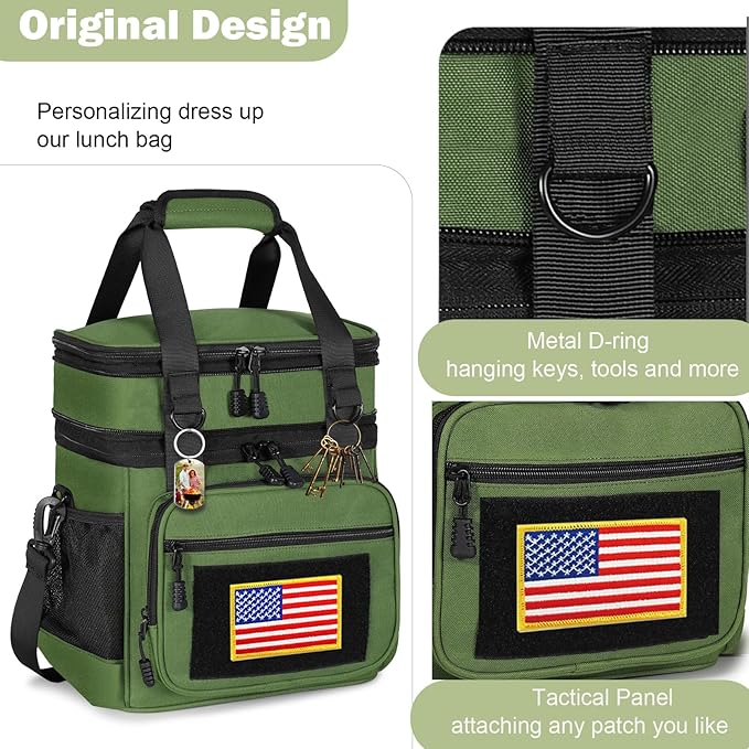 GLENKEY Tactical Lunch Box Cooler Bag - Expandable Insulated Lunch Bag for Men Women - Large Lunchbox for Adults Work Shifts Outdoor Trips Army Green 16L