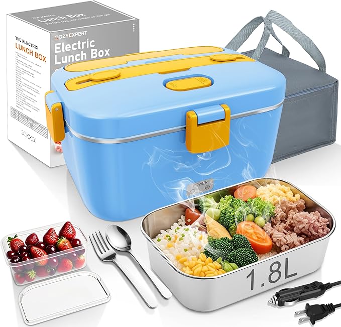 COZYEXPERT 100W Heated Lunch Boxes for Adults 12V 24V 110V-230V Electric Lunch Box Food Heater for Car/Truck Portable Food Heating Boxes with 1.8L 304 SS Containe