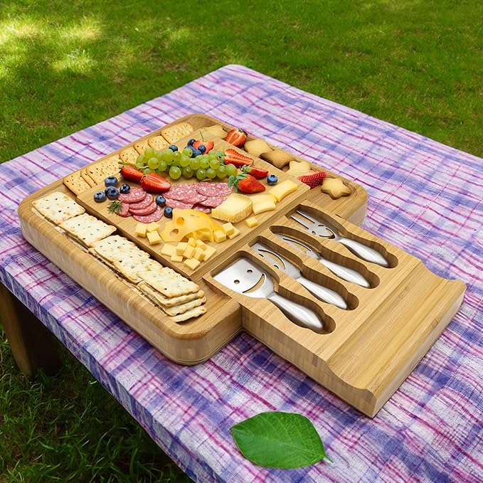 Sarolta Homewares Bamboo Cheese & Sushi Cutting Board and Platter with Brushed Stainless Steel Cutlery Set - 2 Sets