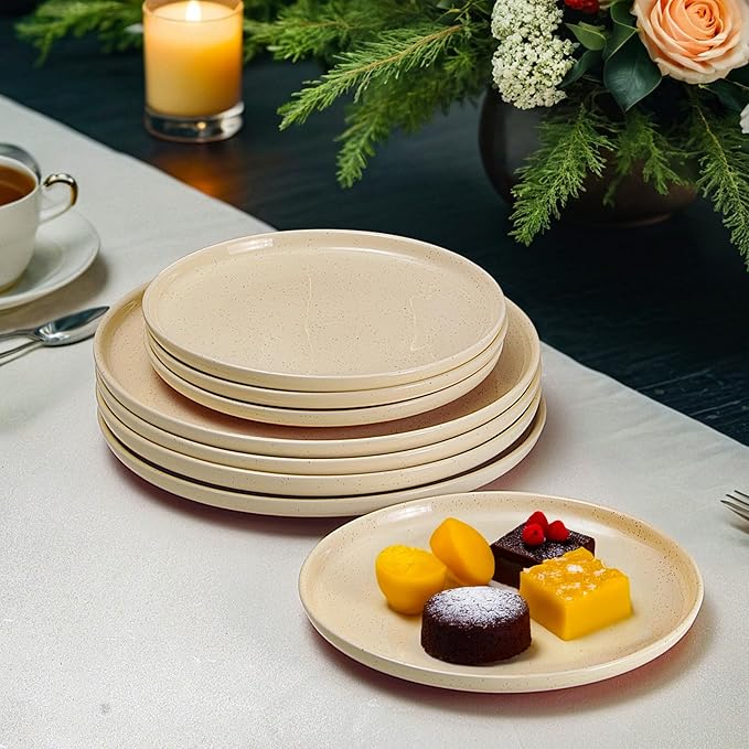 GZG Ceramic Dinner Salad Plates Set of 4, 8 Inch Speckled Dinnerware Dessert Plates with Clay-Tone Base, Microwave Oven Dishwasher Safe