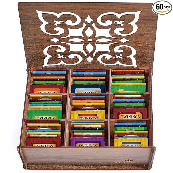 Twinings Tea Bag Sampler Variety with Walnut Wooden Organizer (60 Count) 40 Different Flavours, Gift for Tea Lovers: Women, Men, Mom, Dad, Family, Friends, Couples