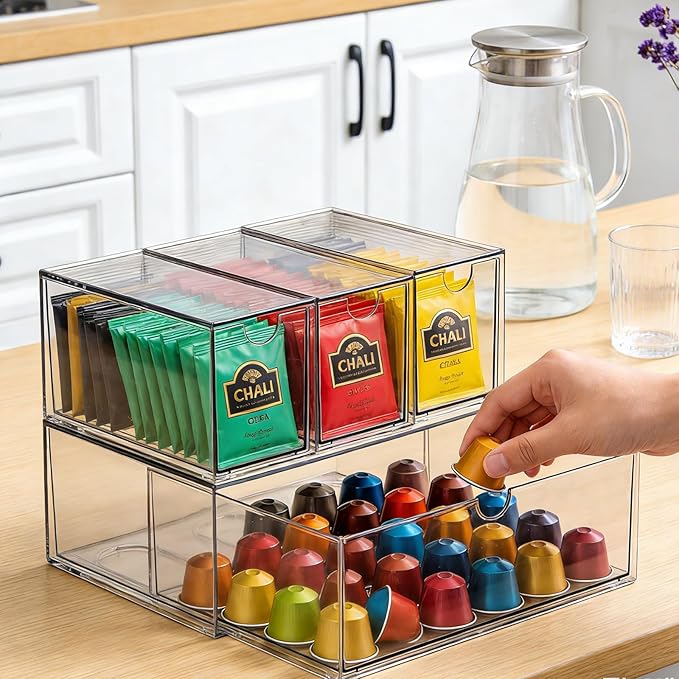6-Pack Tea Bag Drawers Organizer – Clear Plastic Tea Bag Holder, Stackable & Portable, Wide Storage Drawers for Cabinet, Pantry, Kitchen Counter, Herbal Tea, Coffee Pods (4-Tier)