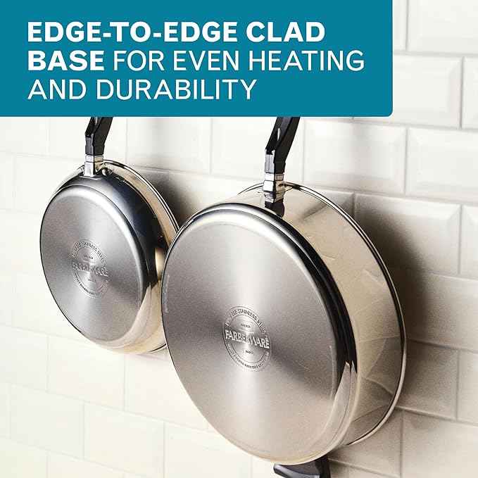 Farberware Classic Series Anniversary Edition Stainless Steel Sauté Pan and Lid with Helper Handle, Induction Suitable, 6 Quart Jumbo Cooker, Metal Utensil Safe - Stainless Steel