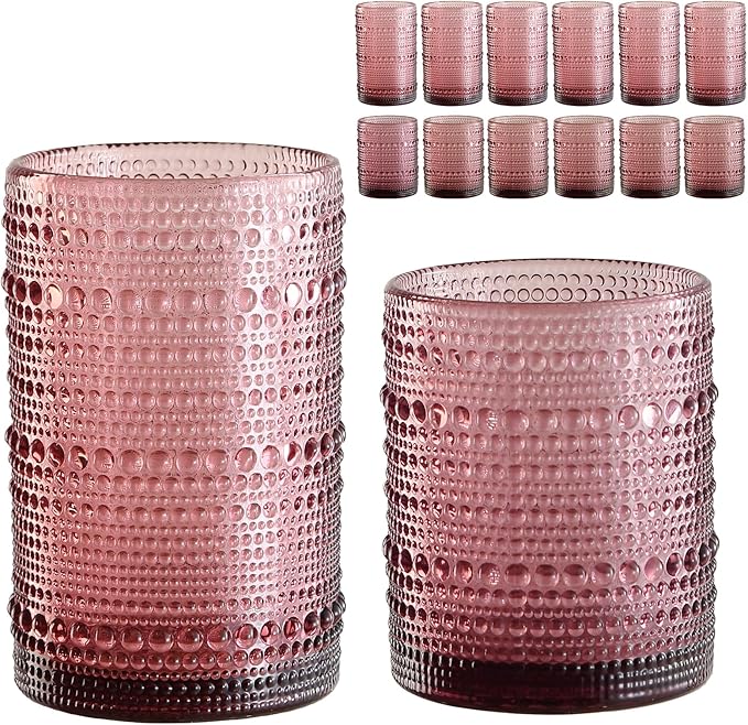 ZMOWIPDL Vintage Glassware Drinking Glasses Set of 12,Purple 12oz & 15oz Hobnail Glass Cups,Embossed Water Tumbler,for Beer,Cocktail,Whiskey,Juice and Various Mixed Drinks- 1 Cleaning Brush