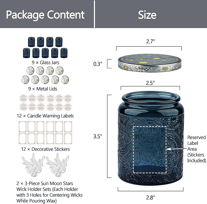 Art Secret 9-Pack 8oz Embossed Glass Candle Jars with Lids and Labels - Sun Moon Stars Design (Gray)