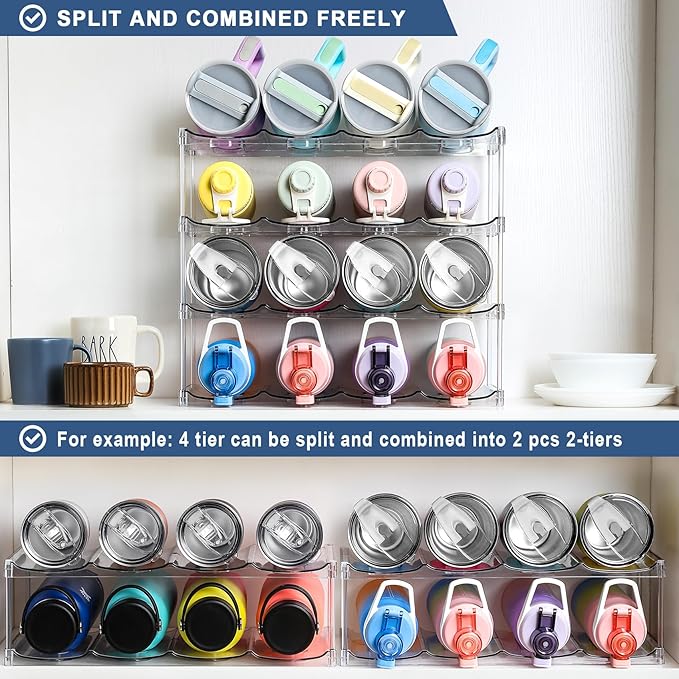 LARGER Compartment - 4 Tier Stackable Water Bottle Organizer Holder - for Stanley 40oz & Others' Large Tumbler - Clear Wine Rack, 16 Cup Bottle Holder for Cabinet Home Countertop Fridge Pantry Shelf