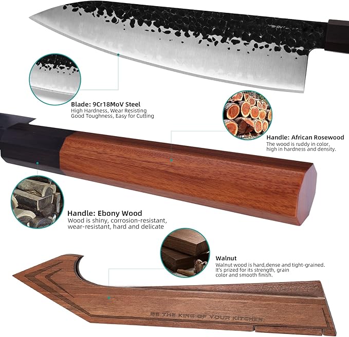 FINDKING Kitchen Knife Set with Individual Wooden Blocks, 4 Japanese Knives with Walnut Edge Guards, High Carbon Steel Blades, for Meat, Fruits, Vegetables, Dynasty Series