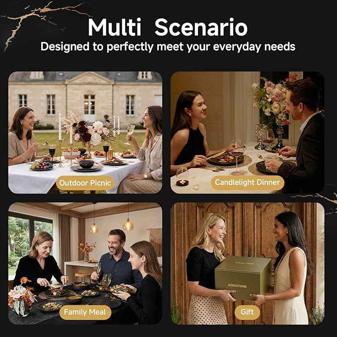 KINGSTONE Porcelain Dinnerware Sets for 4 Plates and Bowls Sets 12 Piece Matte Black Gold Vein Dish Set Scratch Resistant Dinner Salad Plate Dishware for Family Wedding Party Daily