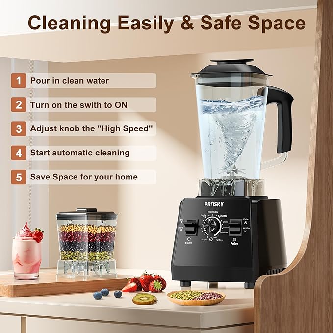 Blenders for Kitchen, Smoothie Blender, 2400W/1000W Prasky Blender & Grinder Combo, 25,000 RPM High Speed, 68oz BPA-Free Food Processor, Countertop Blender for Smoothies, Shakes & Food (Black, 2L)