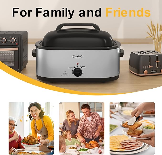 RoyalCraft 24-Quart Electric Roaster Oven with Visible Self-Basting Lid, Turkey Roaster Oven with Removable Pan and Rack, Perfect for Large Meals and Holiday Feasts, Silver