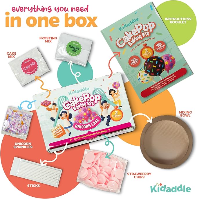 Kidaddle DIY Cake Pop Kit – Unicorn | Baking Kit with Premeasured Ingredients, Decorating Supplies | Made in USA | Certified Kosher | Christmas Gift
