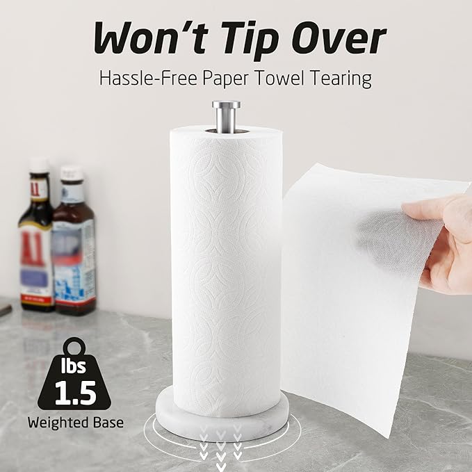 KES Paper Towel Holder Countertop, Paper Towel Roll Holder Stand for Kitchen with Natural Marble Base SUS304 Stainless Steel for Standard or Jumbo Rolls Brushed Finish, KPH100S14B-2