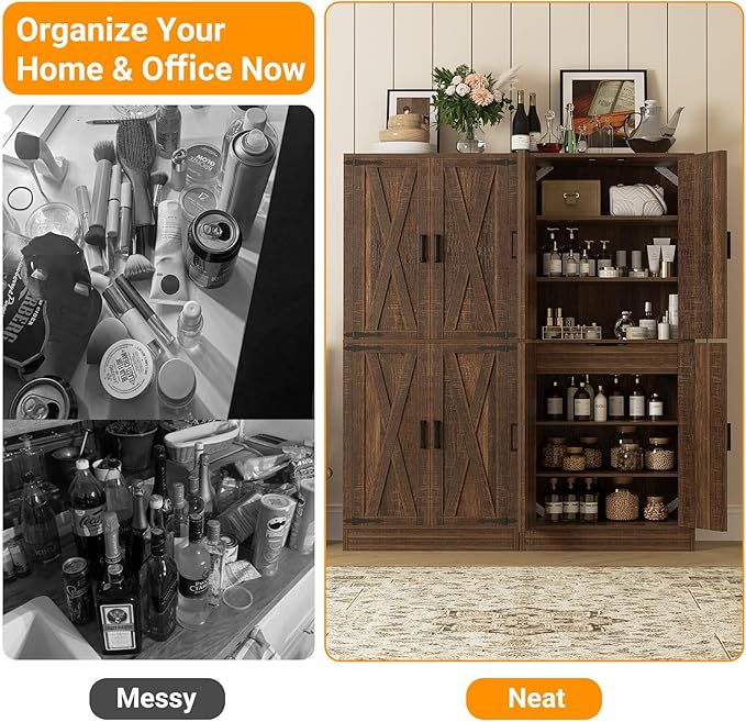 Unikito Kitchen Pantry Cabinet with Farmhouse Barn Doors and Storage Drawer, 8 Adjustable Shelves, Freestanding Tall 71" Cupboard for Dining Room, Living Room, Utility Room, Weathered Brown 2 Pack