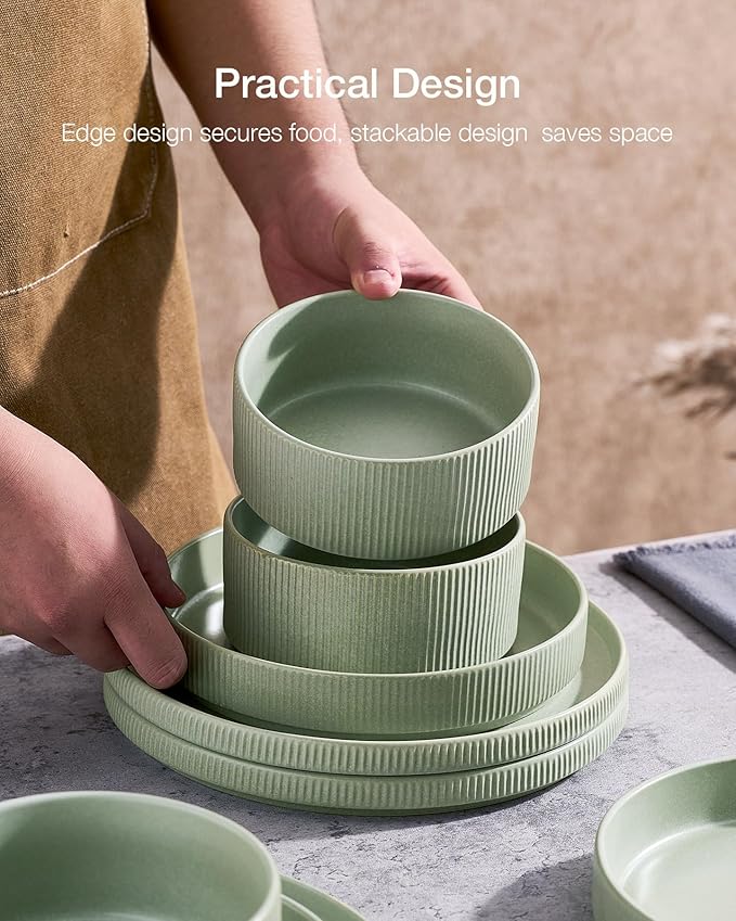 Famiware Star 24-Piece Stoneware Dinnerware Sets for 6 - Shallow Pasta Bowls & Flat Plates, Modern Rustic Reactive Glaze Dishes, Chip & Scratch Resistant, Microwave & Dishwasher Safe, Matte Sage Green