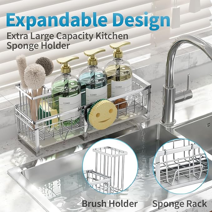 Extra Large Extendable Sponge Holder for Kitchen Sink, Rustproof Sink Caddy Organizer with High Brush Holder, Dish Soap Dispenser Organizers and Storage (Stainless Steel)