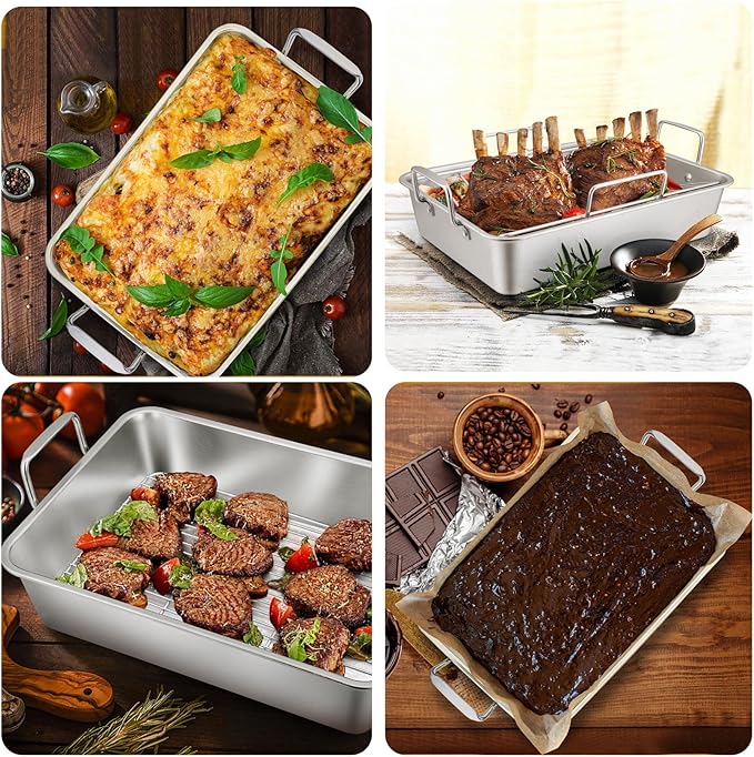 16" Roasting Pan with Rack, 7 PCS P&P CHEF Stainless Steel Turkey Roaster Lasagna Pan with Cooling Flat & V-shaped Baking Rack, Grilling Chicken Holder, Meat Shredding Claws, Dishwasher & Oven Safe