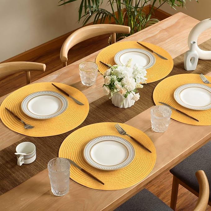 FunWheat Round Braided Placemats Set of 6 Place mats for Dining Tables Woven Heat Resistant Table Mats 15 inch (Yellow,6pcs)