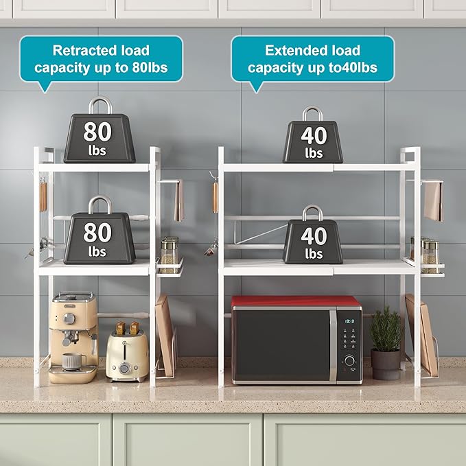 DOLALIKE Microwave Oven Rack, Expandable Microwave Stand Kitchen Countertop Organizer Utensils Storage, Carbon Steel Over Microwave Shelf with 3 Hooks (White, 3 Tier- With Storage)