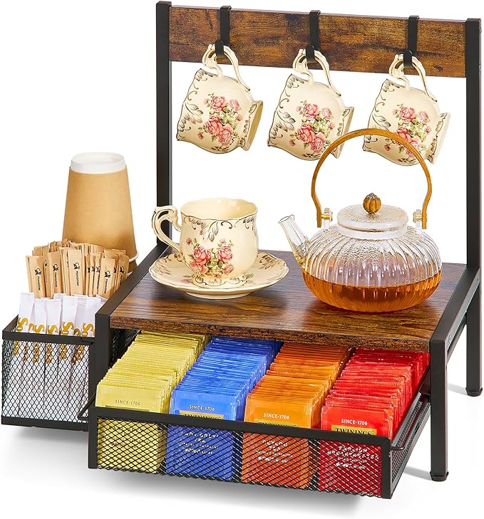 DGWJSU Tea Bag Organizer, Wood Tea Organizer and Storage Cheast, Tea Bag Holder with Storage Drawer, 4 Hooks for Tea Cups Holder, Tea Station Chest Display Container Box for Countertop Kitchen