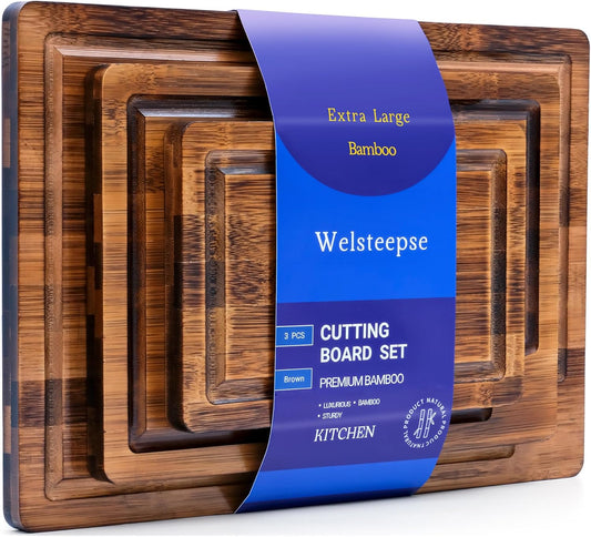 Bamboo Cutting Boards, (Set of 3) with Juice Groove, Bamboo Wood Cutting Board Set for meat, fruit and cheese