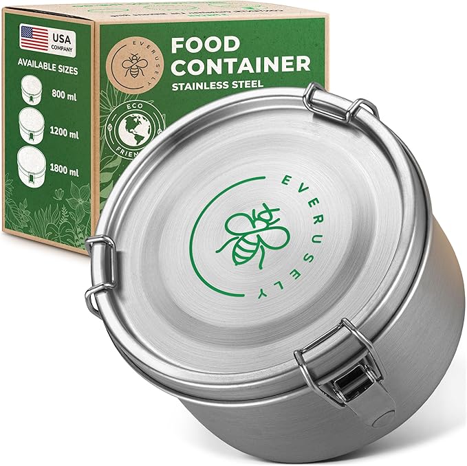 Stainless Steel Food Storage Container with Lid - 40 oz / 1.2 L - Metal Lunch + Meal Prep Tin with Food-Safe Leakproof Seal - Stackable Pantry Snack Organizer - Reusable Travel Lunchbox for Leftovers