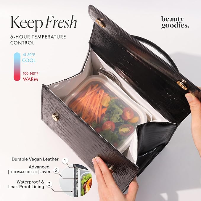 BEAUTYGOODIES Stylish Black Croc Lunch Bag for Women, Medium, Black Cute Insulated Lunch Box, Professional and Chic Lunch Bag for Working Women, Teacher, Nurses, a Great Gift!