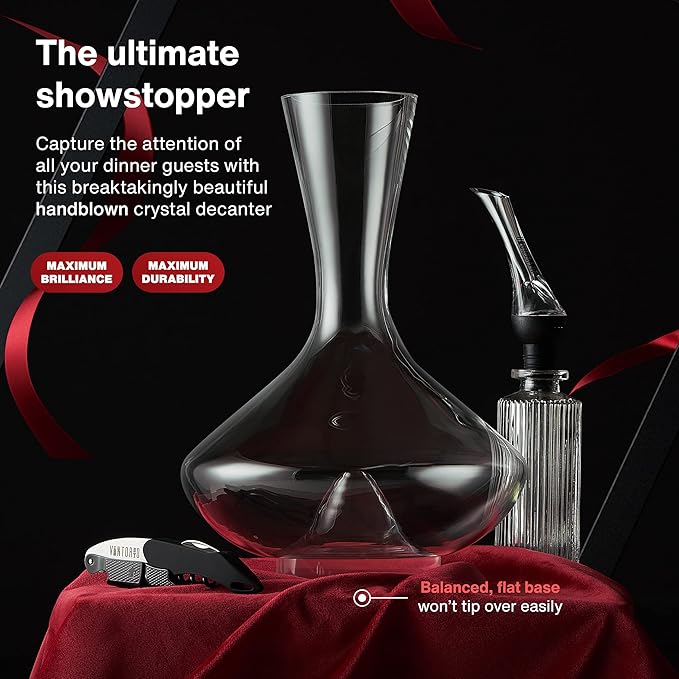 Vintorio Citadel Wine Decanter with Stopper - Hand Blown, Lead-Free Crystal Glass - Extra Durable Sommelier's Red Wine Carafe with Aerating Punt and Silicone Lid (78 oz Capacity)
