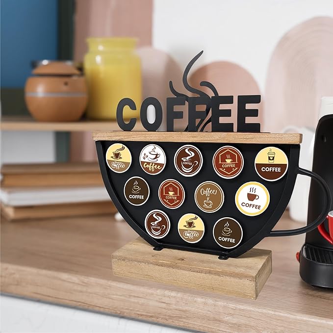 Black Coffee Pod Holder compatible with K-Cups – Metal & Wood Coffee Bar Functional Décor, Café Station Countertop Storage, Space-Saving Coffee Rack, Great Gift for Coffee Lovers, Home, Office, Café