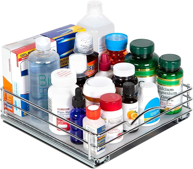 Pull-Out Cabinet Spice Rack Organizer - Slim Slide-Out Storage for Spices, Bottles & Jars, Premium Heavy-Duty Steel, Easy Install for Narrow Kitchen Cabinets - 10 ⅜ W x 10 ⅜ D x 2 ¾ H, Chrome