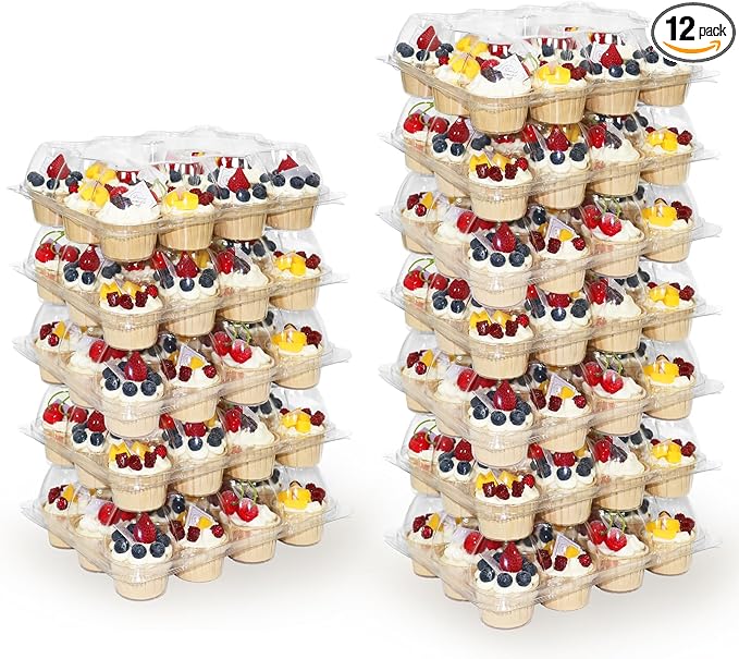 WIKDAY 12 Count x 12 Sets Plastic Cupcake Containers, Durable and BPA-Free Cupcake Holder with Lid for Easy Transport Storage, Stackable Clear Cupcake Carriers, Reusable Dessert Boxes