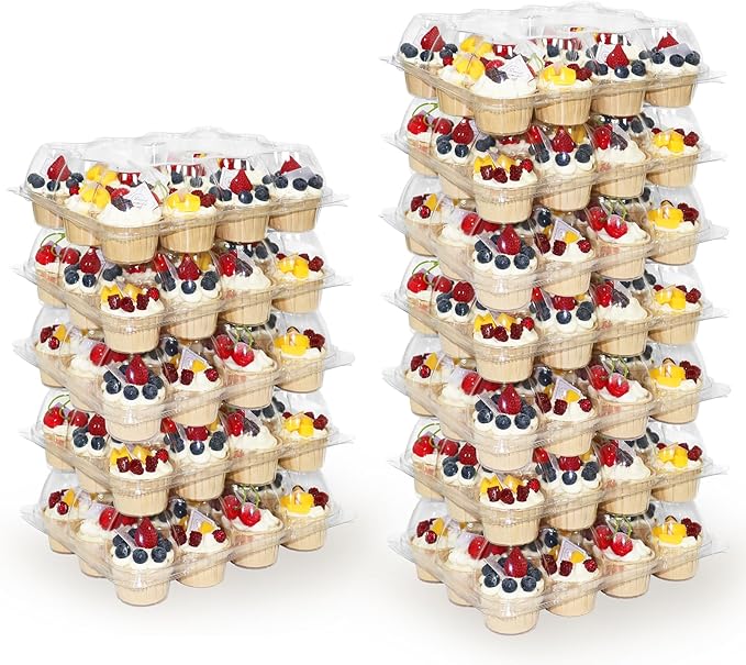 WIKDAY 12 Count x 25 Sets Plastic Cupcake Containers, Durable and BPA-Free Cupcake Holder with Lid for Easy Transport Storage, Stackable Clear Cupcake Carriers, Reusable Dessert Boxes