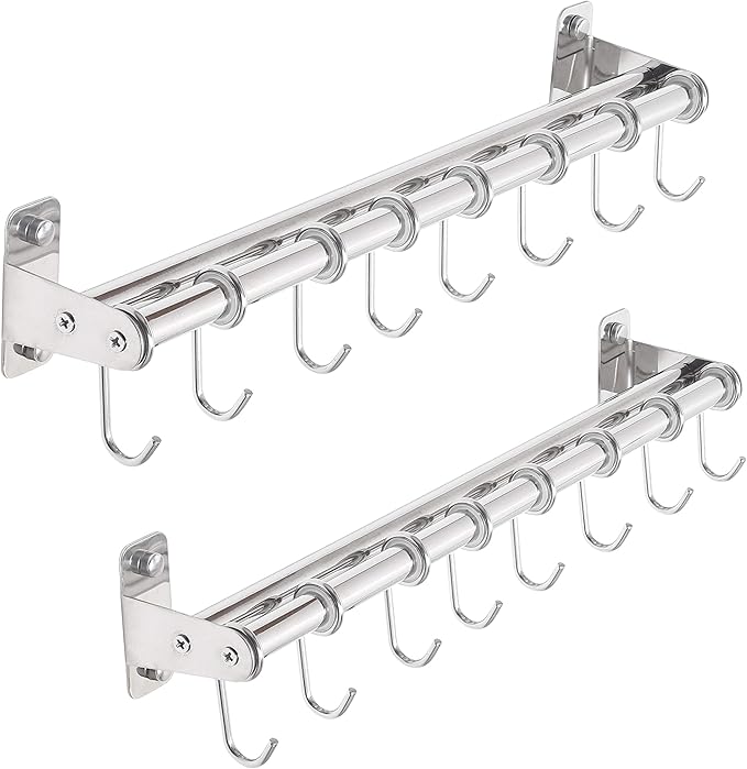 Dseap Pot Rack - Pots and Pans Hanging Rack Rail with 8 Hooks, Double Bars, Pot Hangers for Kitchen, Wall Mounted, Chromed, Pack of 2