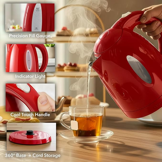 OVENTE Electric Kettle, 1.7L Fast Boiling Water Heater for Coffee or Tea, BPA Free with Water Level Gauge, Auto Shut-Off, Boil-Dry Protection, Indicator Light and Removable Filter, Red KP72R