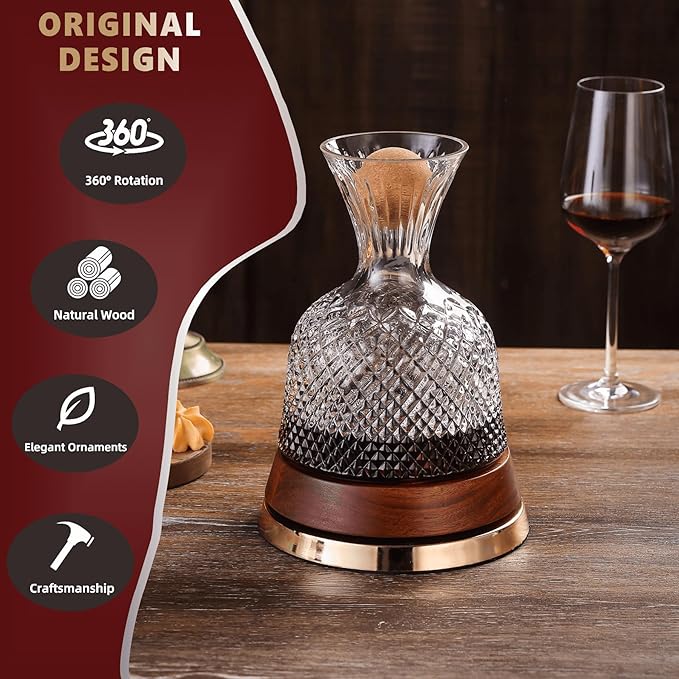 Rotating Wine Decanter with Wooden Base – 360° Spinning Wine Aerator for Fast Oxygenation, Crystal Clear Wine Carafe Decanter for Red Wine, Elegant Wine Decanter Set & Gift Choice