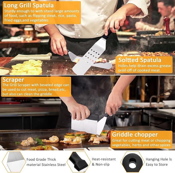 29PCS Blackstone Stainless Steel Spatula Set, Metal Spatula Set for Blackstone, Griddle Scraper/Burger Turner/Metal Grill BBQ Enlarged Spatulas Set with Carry Bag Outdoor BBQ & Teppanyaki & Camping