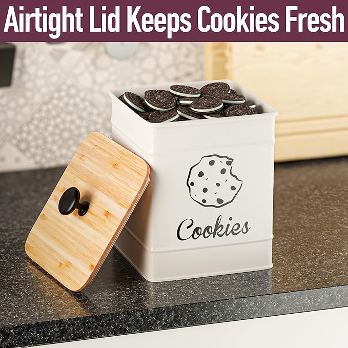 Cookie Jar with Airtight Lid - 1 Gallon - 6"D x 8"H White Iron Cookie Tin with Bamboo Lid - Large Cookie Jars with Lids Airtight - Farmhouse Cookie Jars for Kitchen Counter Decorative - Cookies Jar