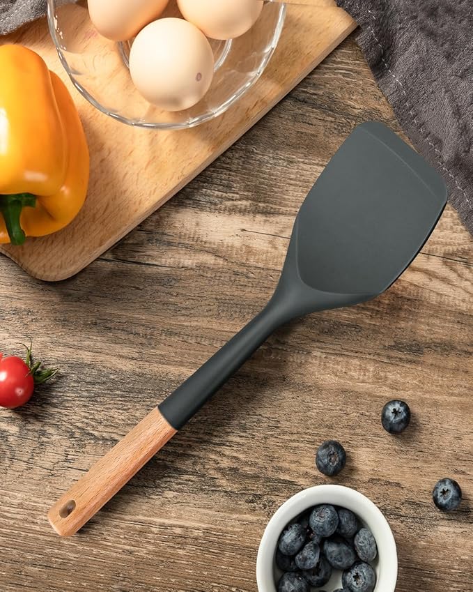 Nonstick Silicone Spatula, Non Scratch Flexible Edge for Pans, Slip Resistant comfortable Wooden Handle, Heat Resistant BPA-Free Kitchen Spatulas for Cooking, 13.2 Inch, Grey