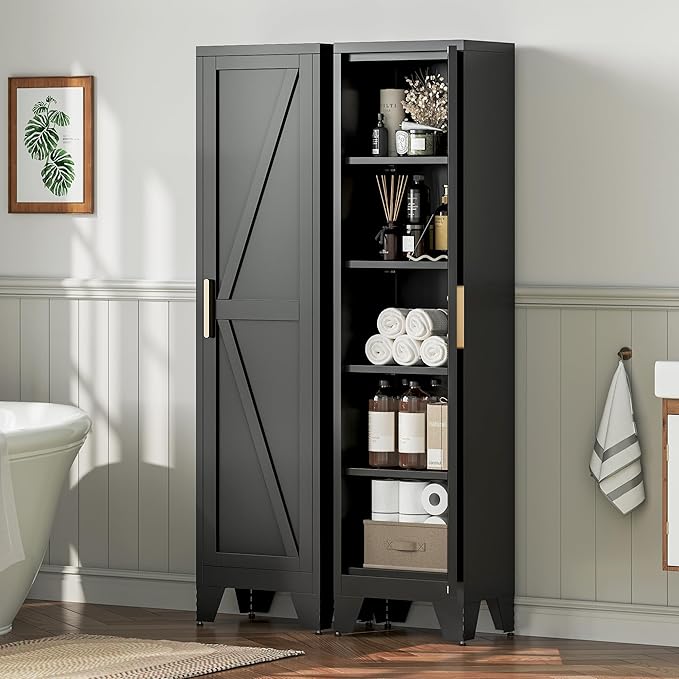 67" Tall Narrow Bathroom Metal Storage Cabinet with 4 Adjustable Shelves, Freestanding 5 Tier Slim Pantry Storage Cabinet for Small Space, Black