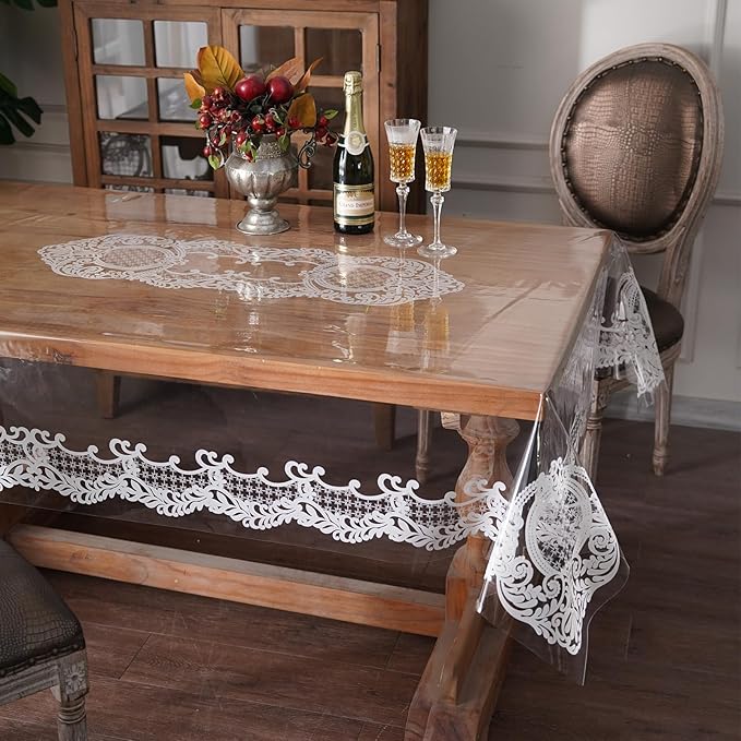 Rectangle Waterproof Clear Table Cover Protector Vinyl Table Cloth Oil Spill Proof Wipe Clean Lace Plastic Tablecloths for Dining Tables (White, 52 x 70 Inches)