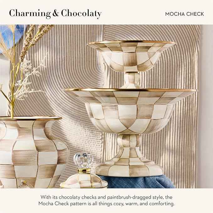 MACKENZIE-CHILDS Enamel Compote, Cute Enamel Pedestal Serving Dish or Decorative Bowl, Large, Brown-and-White Mocha Check