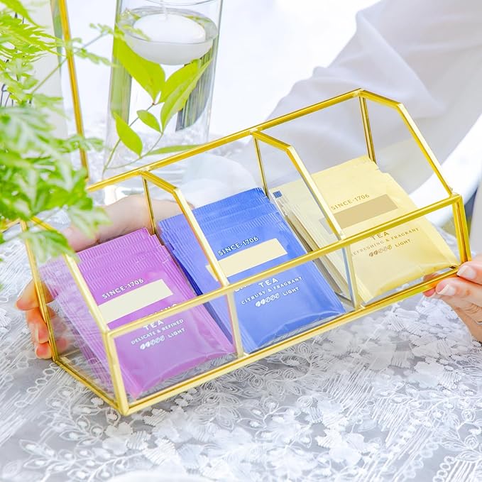 NCYP Glass Tea Bags Organizer with 3 Slots, Brass Open Display Case, Kitchen Cabinet Gold Decor Box, Indoor Counter Teabag Storage Rack, 8.7 x 3.6 x 3.6 Inches (Glass Box Only)