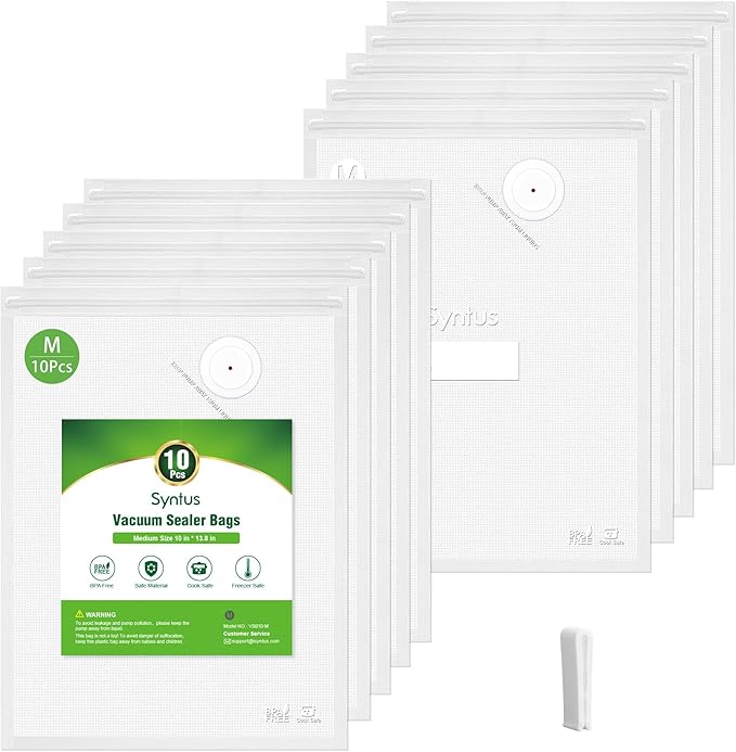 Syntus Vacuum Sealer Bags for Food, 10 Pcs Medium Size 10" x 13.8" Food Storage Bags for Sous Vide Cooking Microwave Heating, Air Valve Zipper Bags & Zip Clips