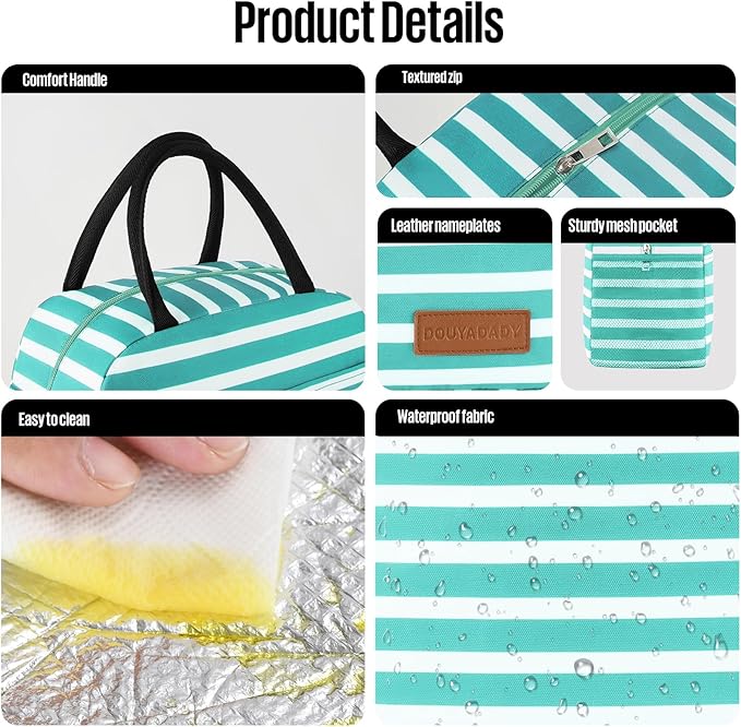 douyadady Lunch Bag Women/Men Lunch Box Women/Men (Baby blue+White Stripes)